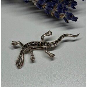 925 STERLING SILVER RUBY & MARCASITE LIZARD BROOCH